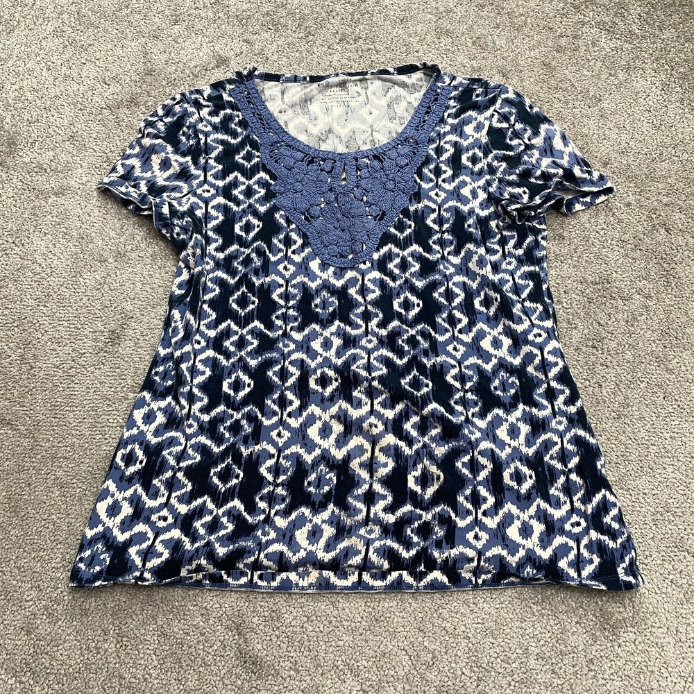 Charter Club Embroidered Blouse Womens P/S Blue Geometric Stretch Casual Top